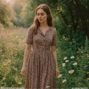 Vintage BERGE Floral Cottagecore Midi Dress | Pink Brown Garden Prairie Style